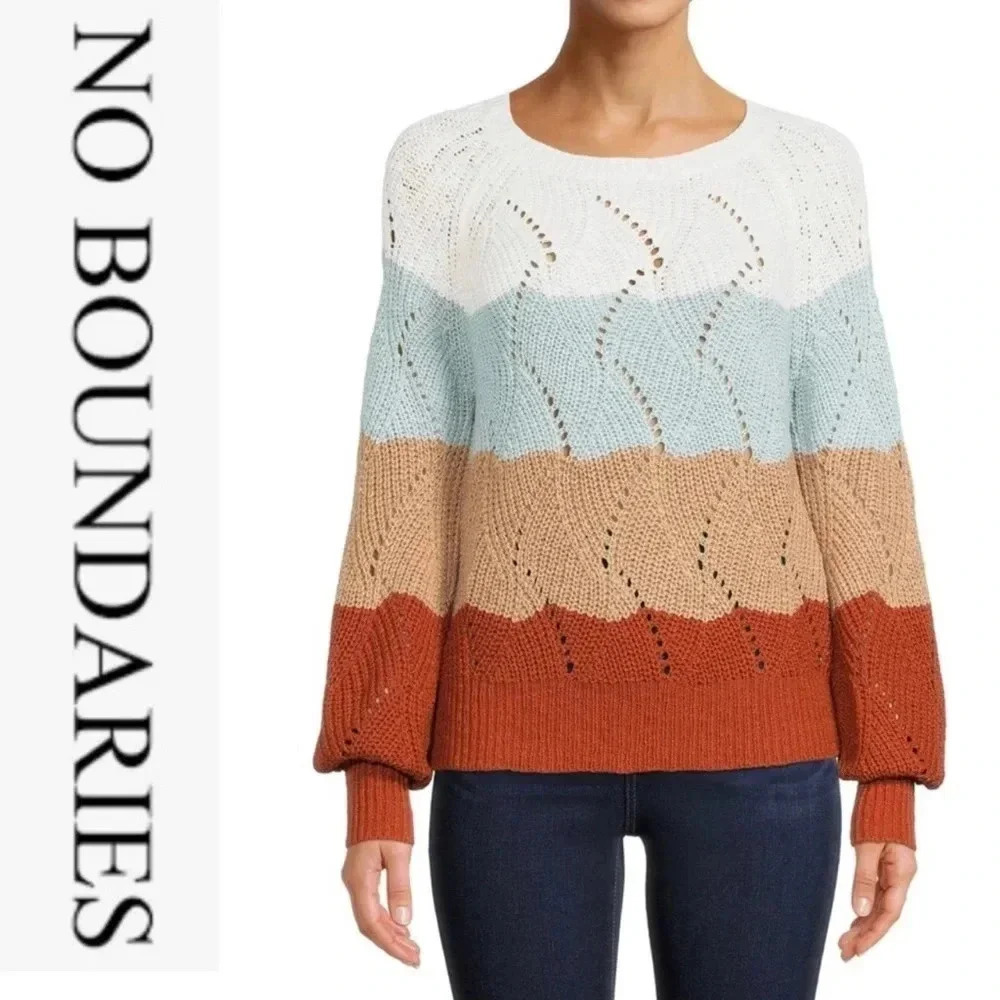 🆓NO BOUNDARIES Womens Color Block Chunky Knit Sweater Crew Neck🆓